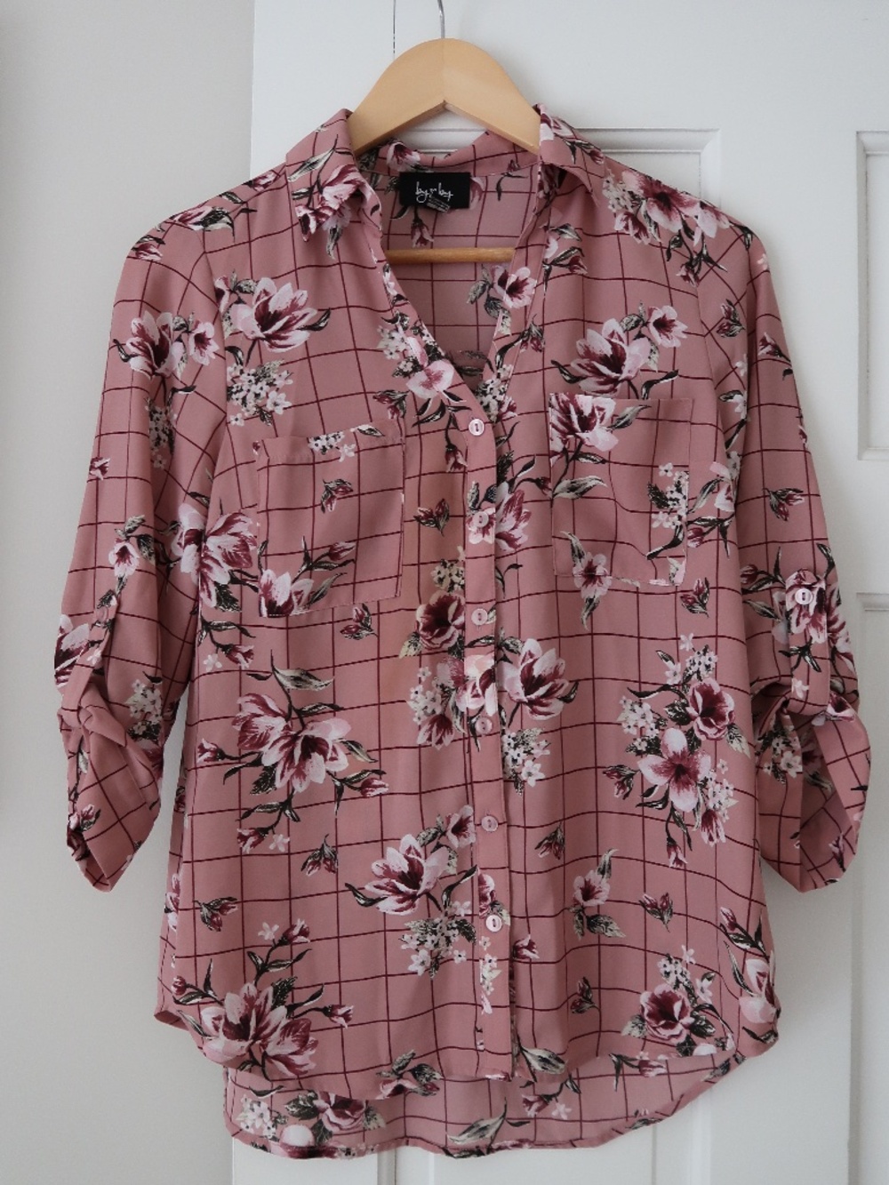 By & By Floral Button Up Blouse Pink Plaid | Size Small